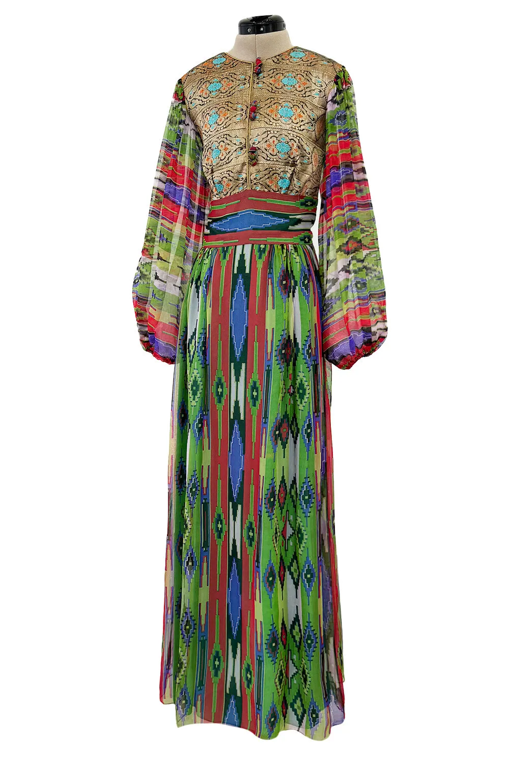 Exceptional Early 1970s Thea Porter Book Documented Faye Dress in Ikat SIlk Chiffon & Brocade