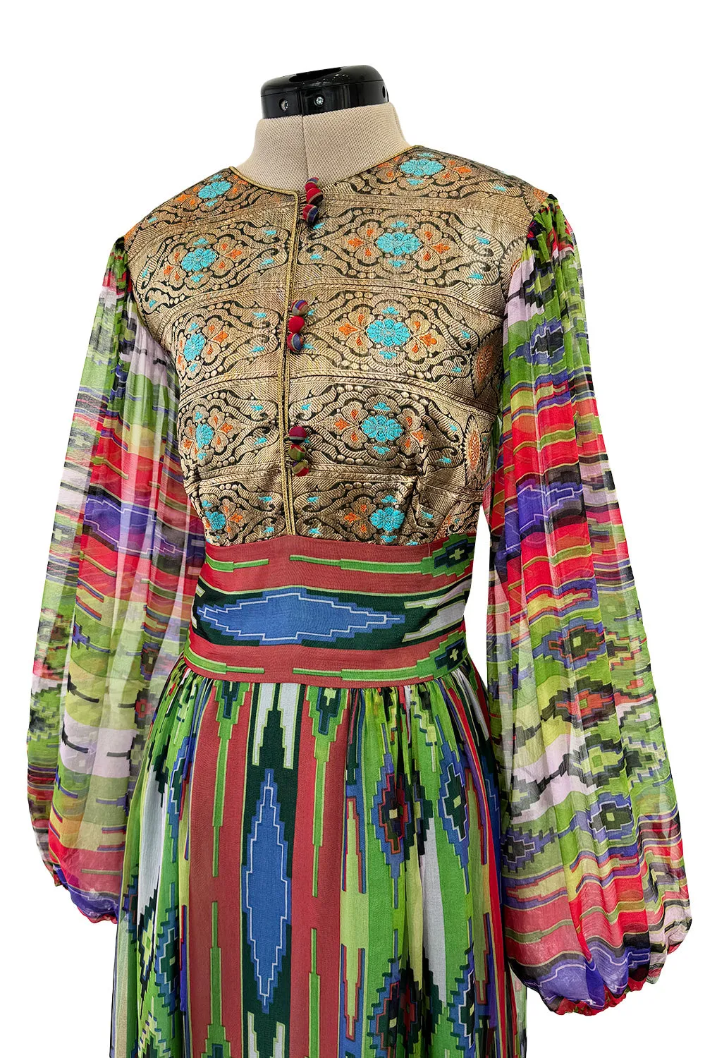 Exceptional Early 1970s Thea Porter Book Documented Faye Dress in Ikat SIlk Chiffon & Brocade