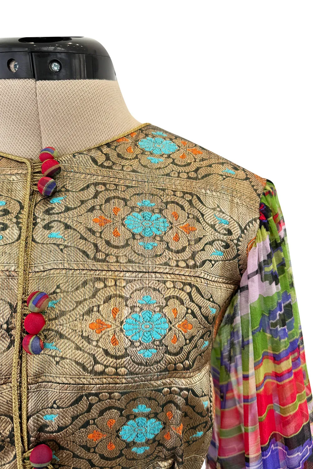 Exceptional Early 1970s Thea Porter Book Documented Faye Dress in Ikat SIlk Chiffon & Brocade