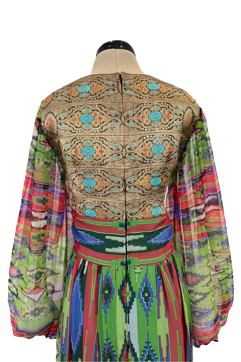 Exceptional Early 1970s Thea Porter Book Documented Faye Dress in Ikat SIlk Chiffon & Brocade