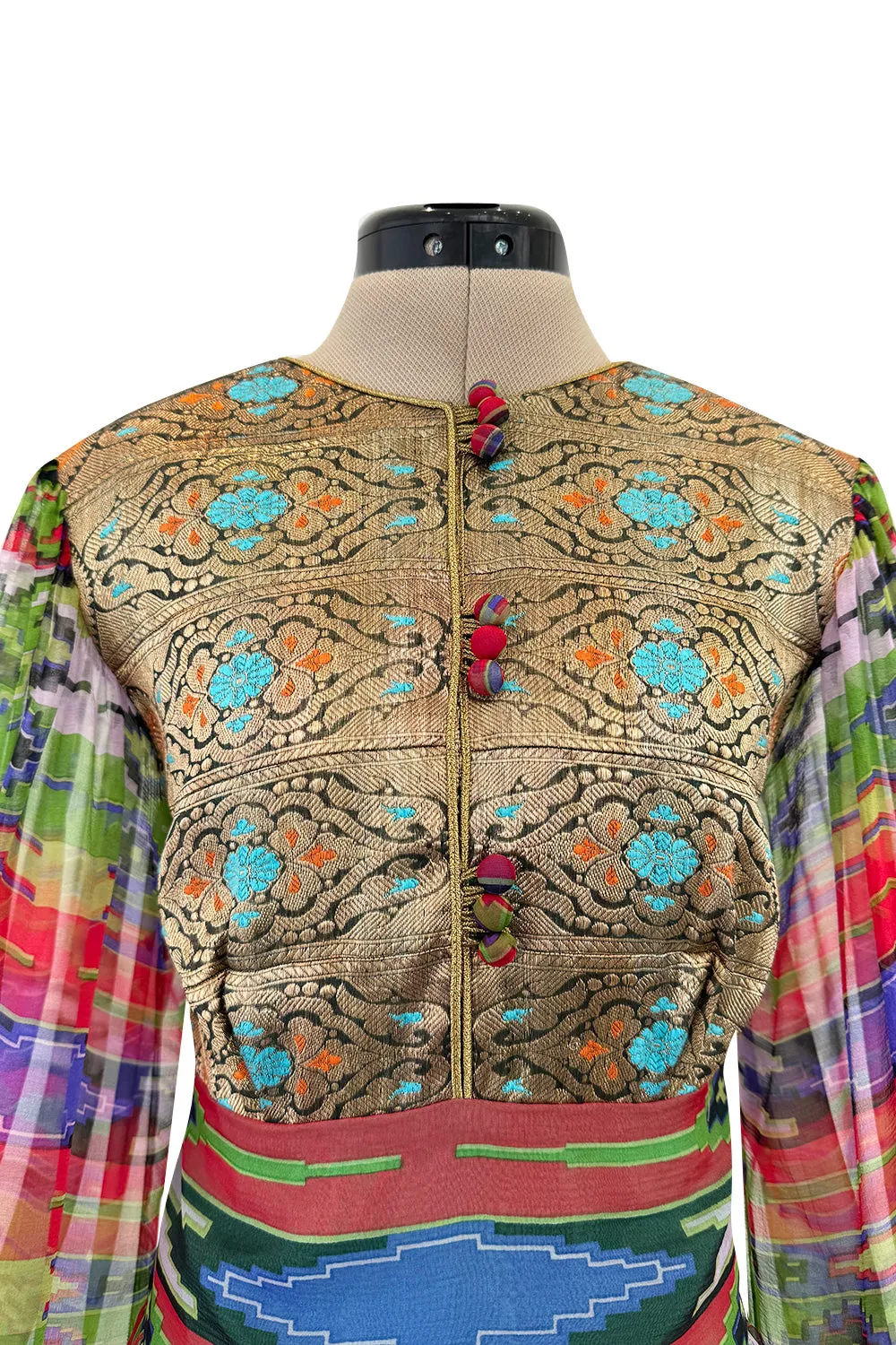 Exceptional Early 1970s Thea Porter Book Documented Faye Dress in Ikat SIlk Chiffon & Brocade