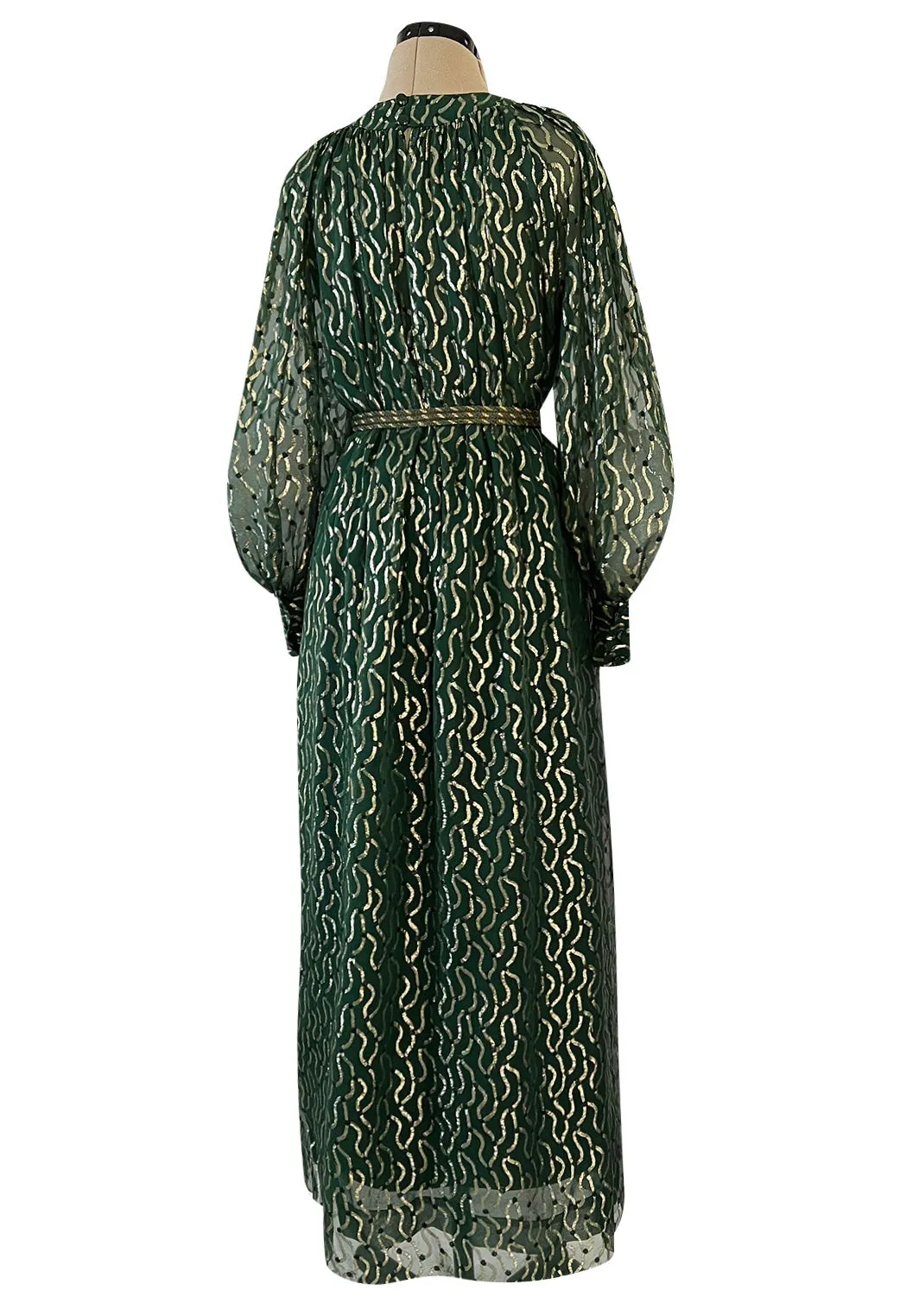 Extraordinary 1970s Christian Dior by Marc Bohan Gold Metallic Green Silk Chiffon Dress w Rope Belt