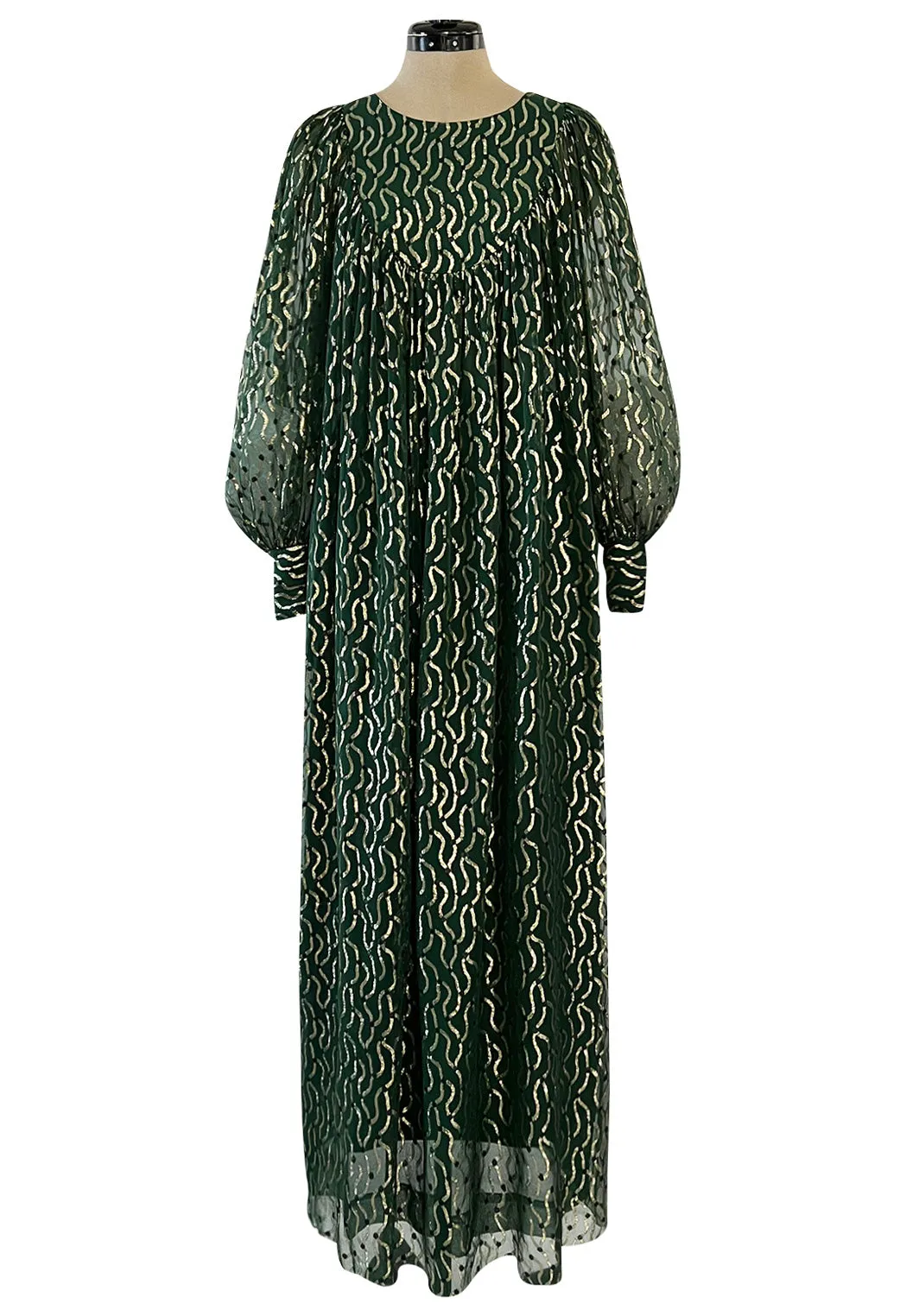 Extraordinary 1970s Christian Dior by Marc Bohan Gold Metallic Green Silk Chiffon Dress w Rope Belt
