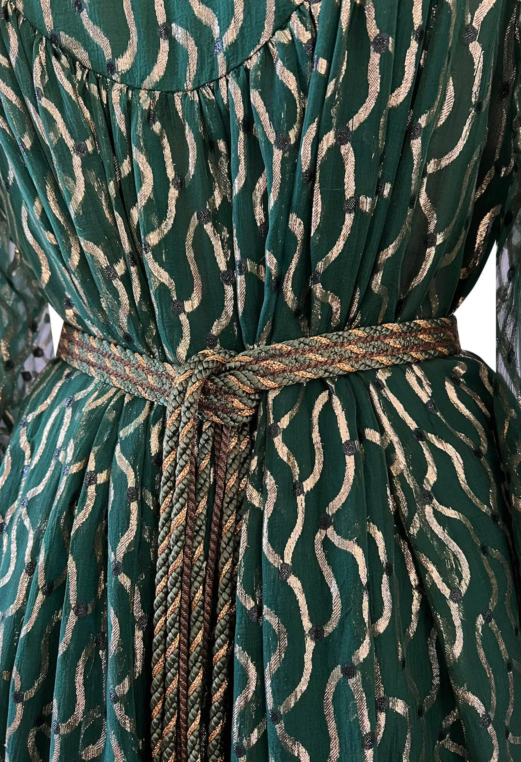 Extraordinary 1970s Christian Dior by Marc Bohan Gold Metallic Green Silk Chiffon Dress w Rope Belt