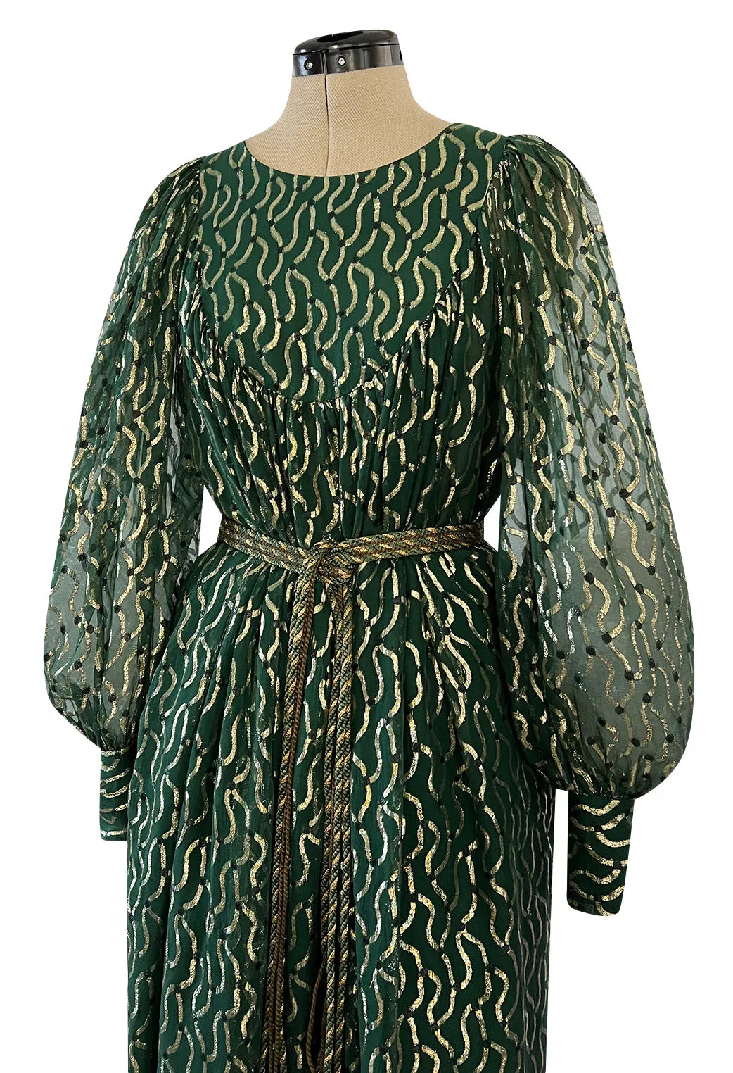 Extraordinary 1970s Christian Dior by Marc Bohan Gold Metallic Green Silk Chiffon Dress w Rope Belt