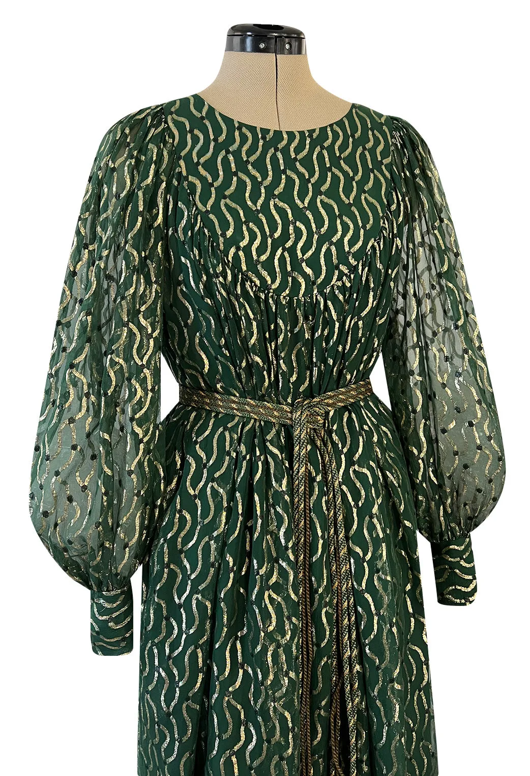 Extraordinary 1970s Christian Dior by Marc Bohan Gold Metallic Green Silk Chiffon Dress w Rope Belt