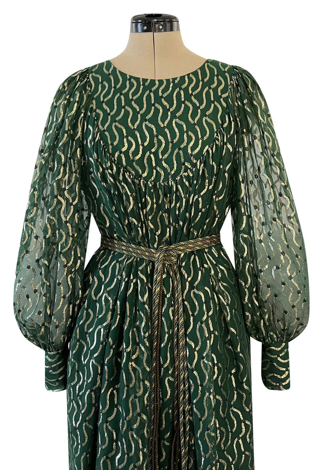 Extraordinary 1970s Christian Dior by Marc Bohan Gold Metallic Green Silk Chiffon Dress w Rope Belt