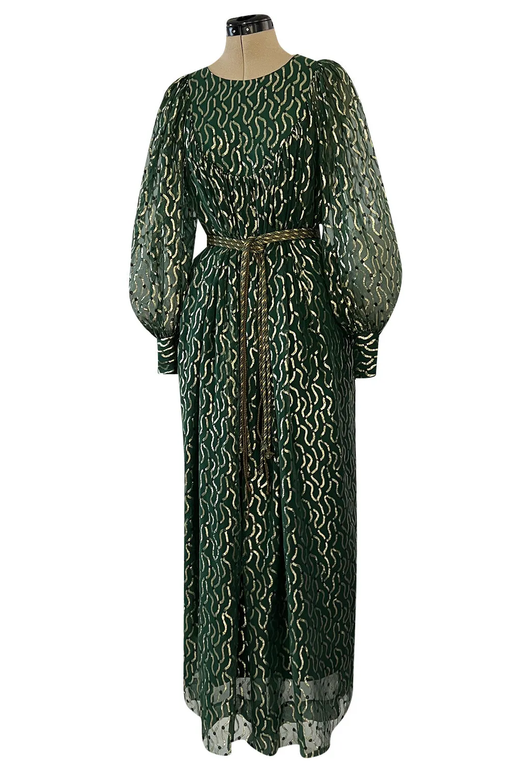 Extraordinary 1970s Christian Dior by Marc Bohan Gold Metallic Green Silk Chiffon Dress w Rope Belt