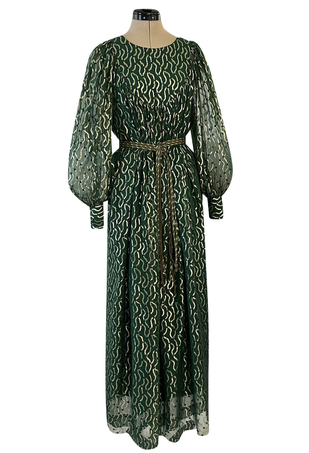 Extraordinary 1970s Christian Dior by Marc Bohan Gold Metallic Green Silk Chiffon Dress w Rope Belt