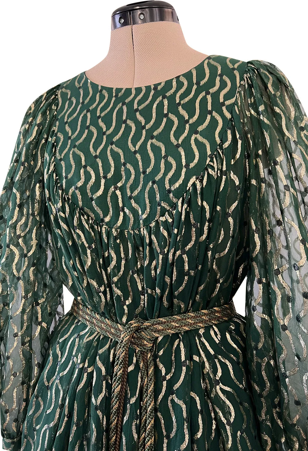Extraordinary 1970s Christian Dior by Marc Bohan Gold Metallic Green Silk Chiffon Dress w Rope Belt