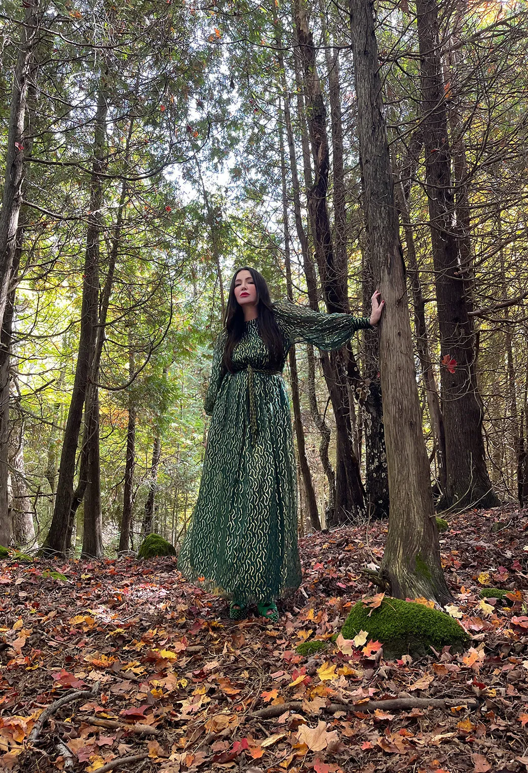 Extraordinary 1970s Christian Dior by Marc Bohan Gold Metallic Green Silk Chiffon Dress w Rope Belt