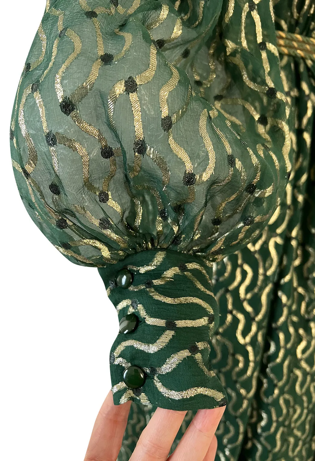 Extraordinary 1970s Christian Dior by Marc Bohan Gold Metallic Green Silk Chiffon Dress w Rope Belt