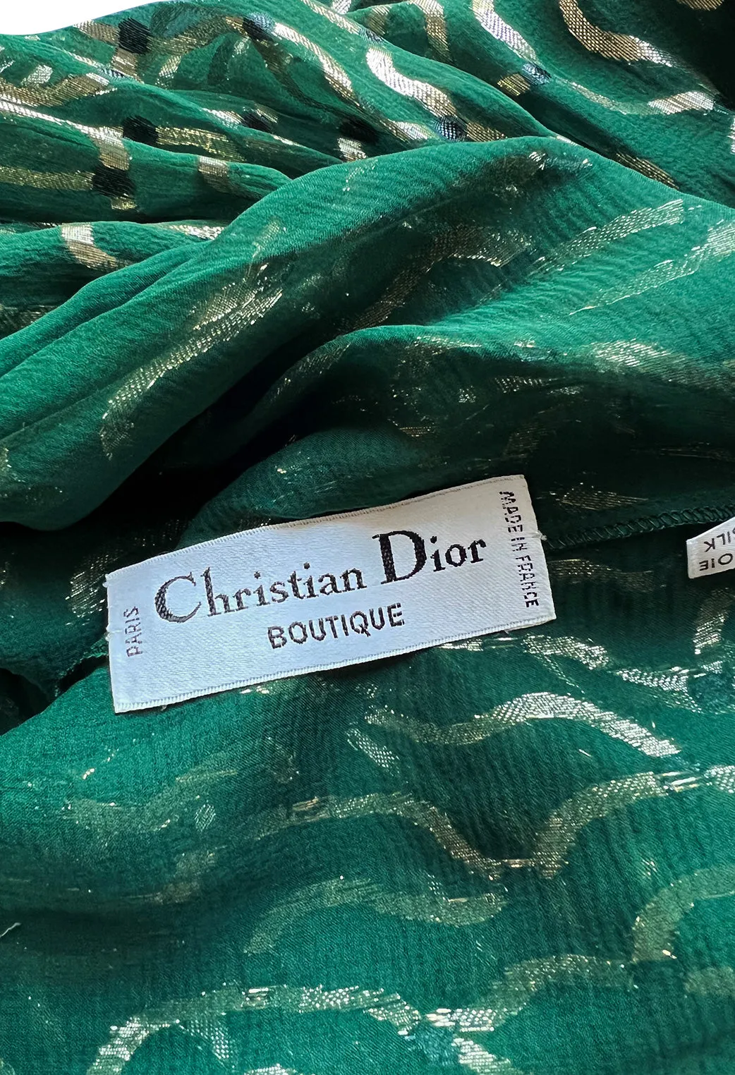 Extraordinary 1970s Christian Dior by Marc Bohan Gold Metallic Green Silk Chiffon Dress w Rope Belt