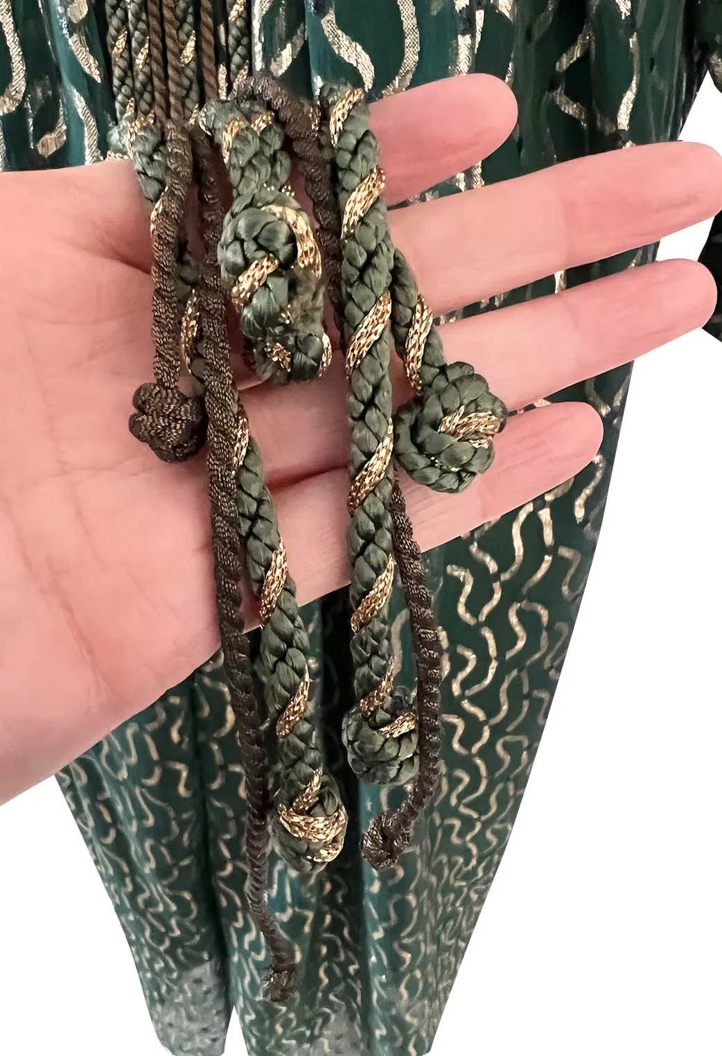 Extraordinary 1970s Christian Dior by Marc Bohan Gold Metallic Green Silk Chiffon Dress w Rope Belt