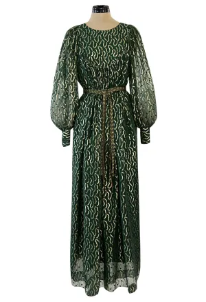 Extraordinary 1970s Christian Dior by Marc Bohan Gold Metallic Green Silk Chiffon Dress w Rope Belt