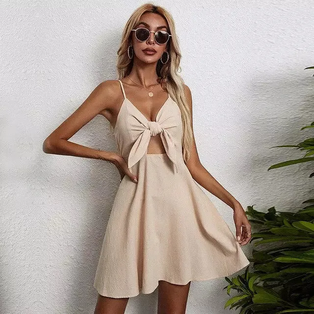 Fashion Sweet V Neck Cotton Linen Mini Dresses