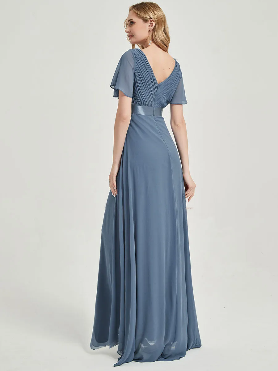 [Final Sale] Slate Blue Floor-Length Chiffon Bridesmaid Dress For Plus Size Women