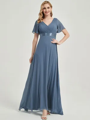 [Final Sale] Slate Blue Floor-Length Chiffon Bridesmaid Dress For Plus Size Women