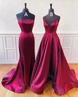 Floor Length Long Satin Burgundy Prom Dresses 2024 with Split