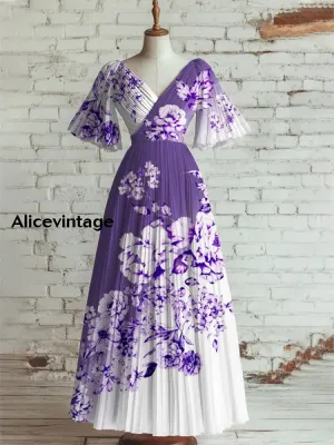 Floral Art Print V-Neck Short Sleeve Vintage Elegant Dress