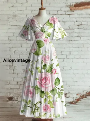 Floral Art Print V-Neck Short Sleeve Vintage Elegant Dress