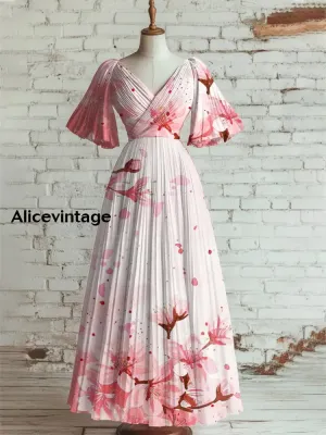Floral Art Print V-Neck Short Sleeve Vintage Elegant Dress