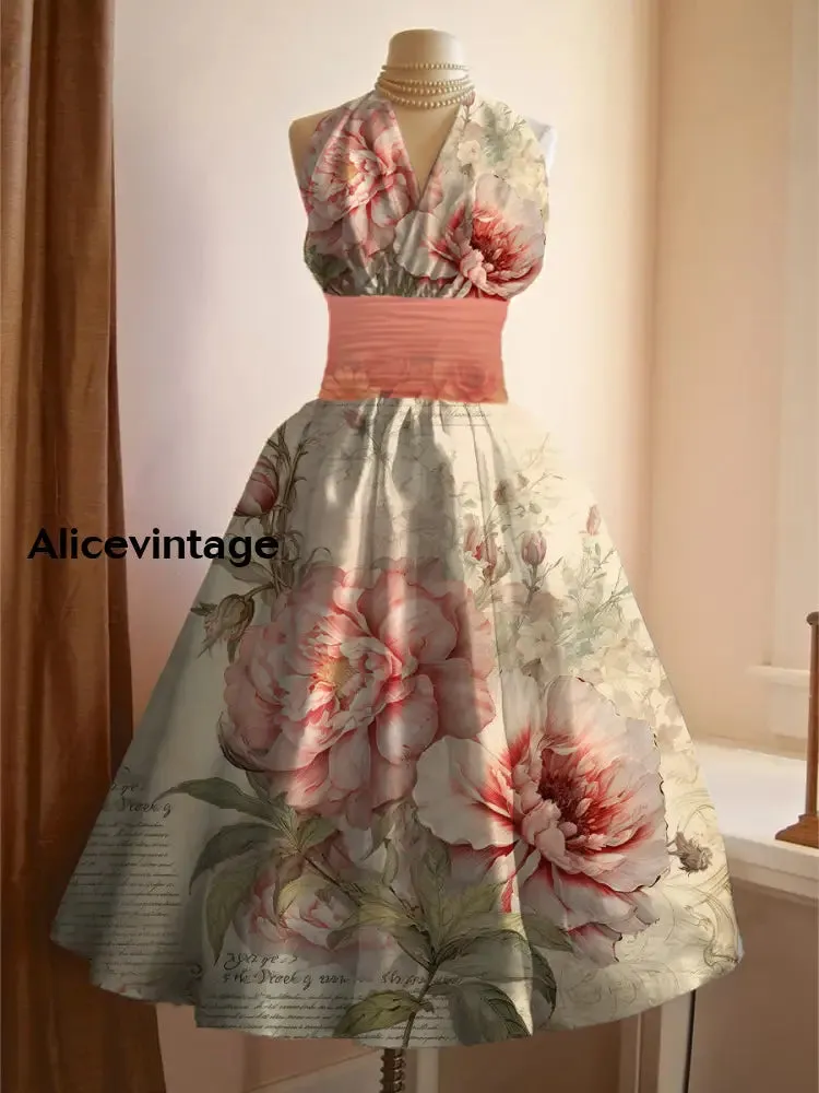 Floral Art Print V-Neck Sleeveless Vintage Elegant Dress