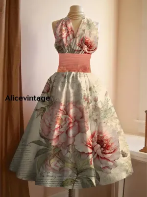 Floral Art Print V-Neck Sleeveless Vintage Elegant Dress