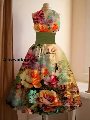 Floral Art Print V-Neck Sleeveless Vintage Elegant Dress
