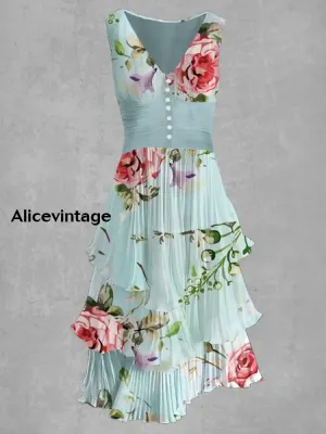 Floral Print V Neck Retro Chic Midi Dress