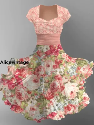 Floral Print V-Neck Vintage Chic Short Sleeve Midi Dress