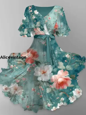 Floral Print V-Neck Vintage Chic Short Sleeve Midi Dress