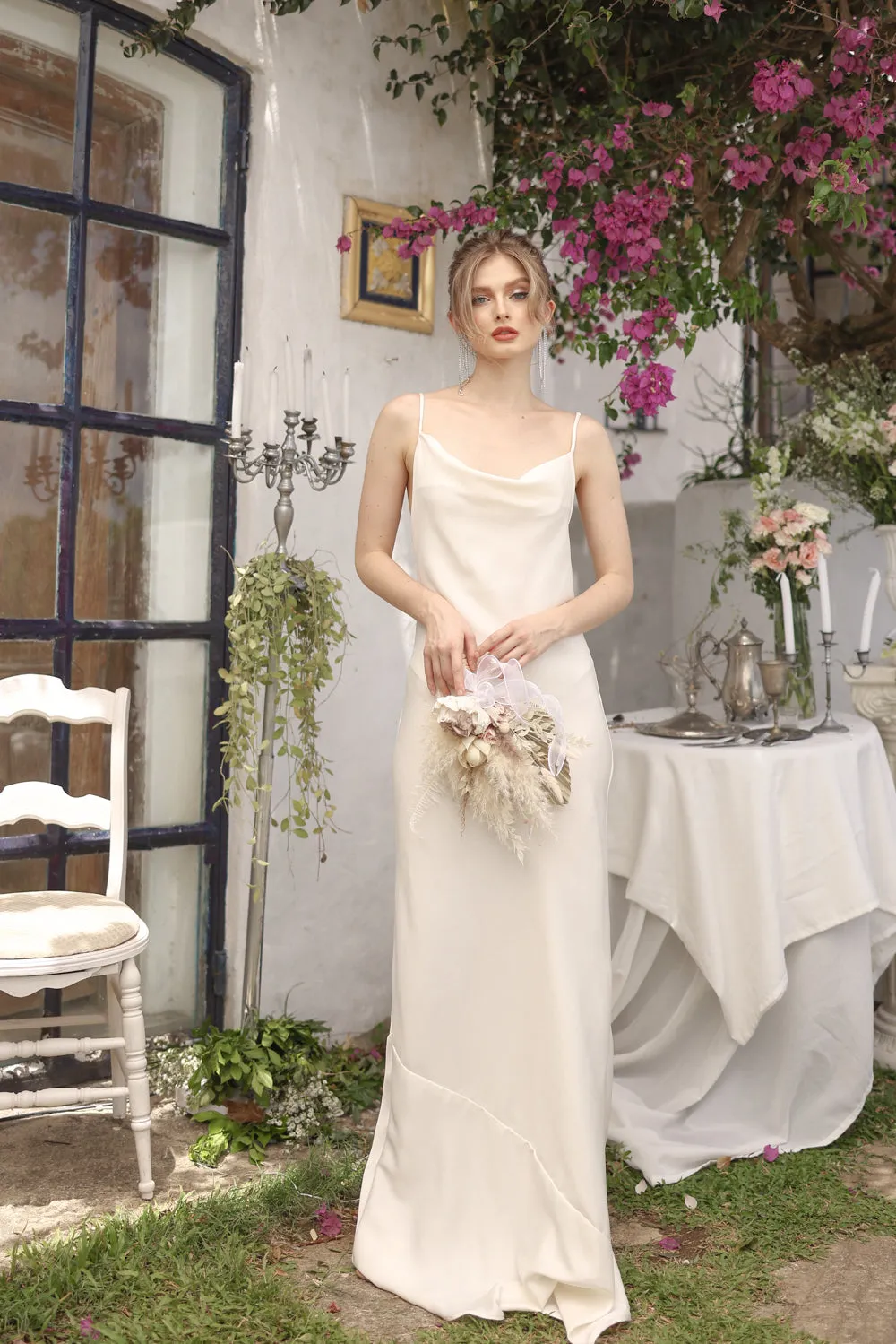 GIOVANNA Cowl Neck Silk Maxi Dress (Ivory White Italian Silk)