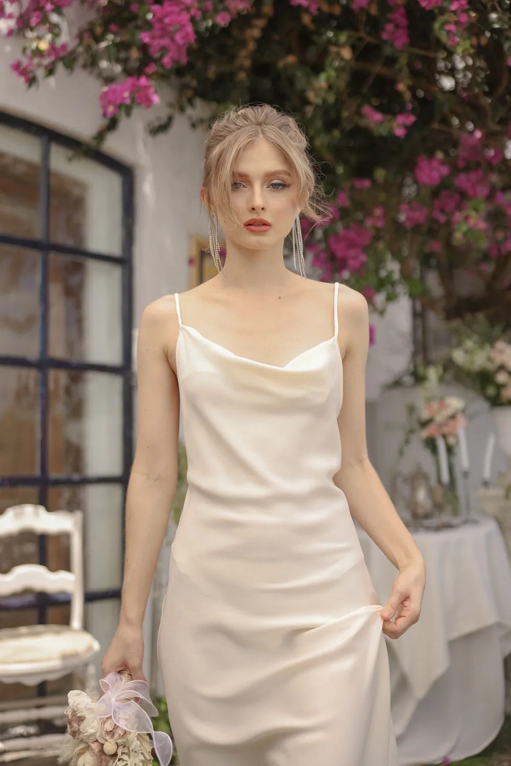 GIOVANNA Cowl Neck Silk Maxi Dress (Ivory White Italian Silk)