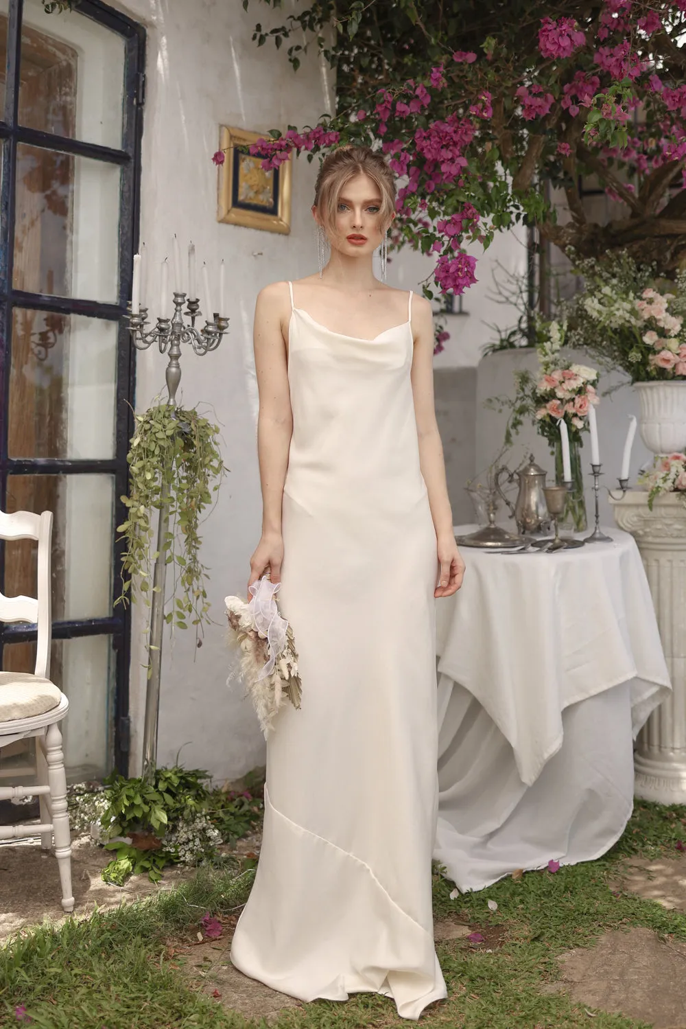 GIOVANNA Cowl Neck Silk Maxi Dress (Ivory White Italian Silk)