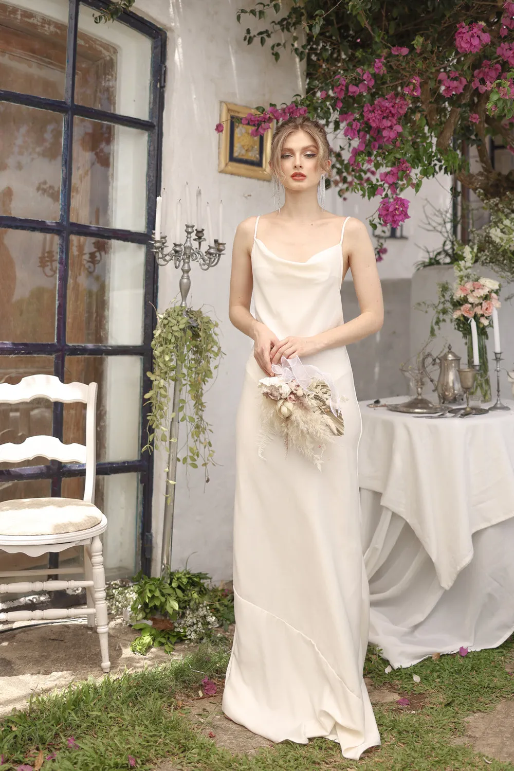GIOVANNA Cowl Neck Silk Maxi Dress (Ivory White Italian Silk)