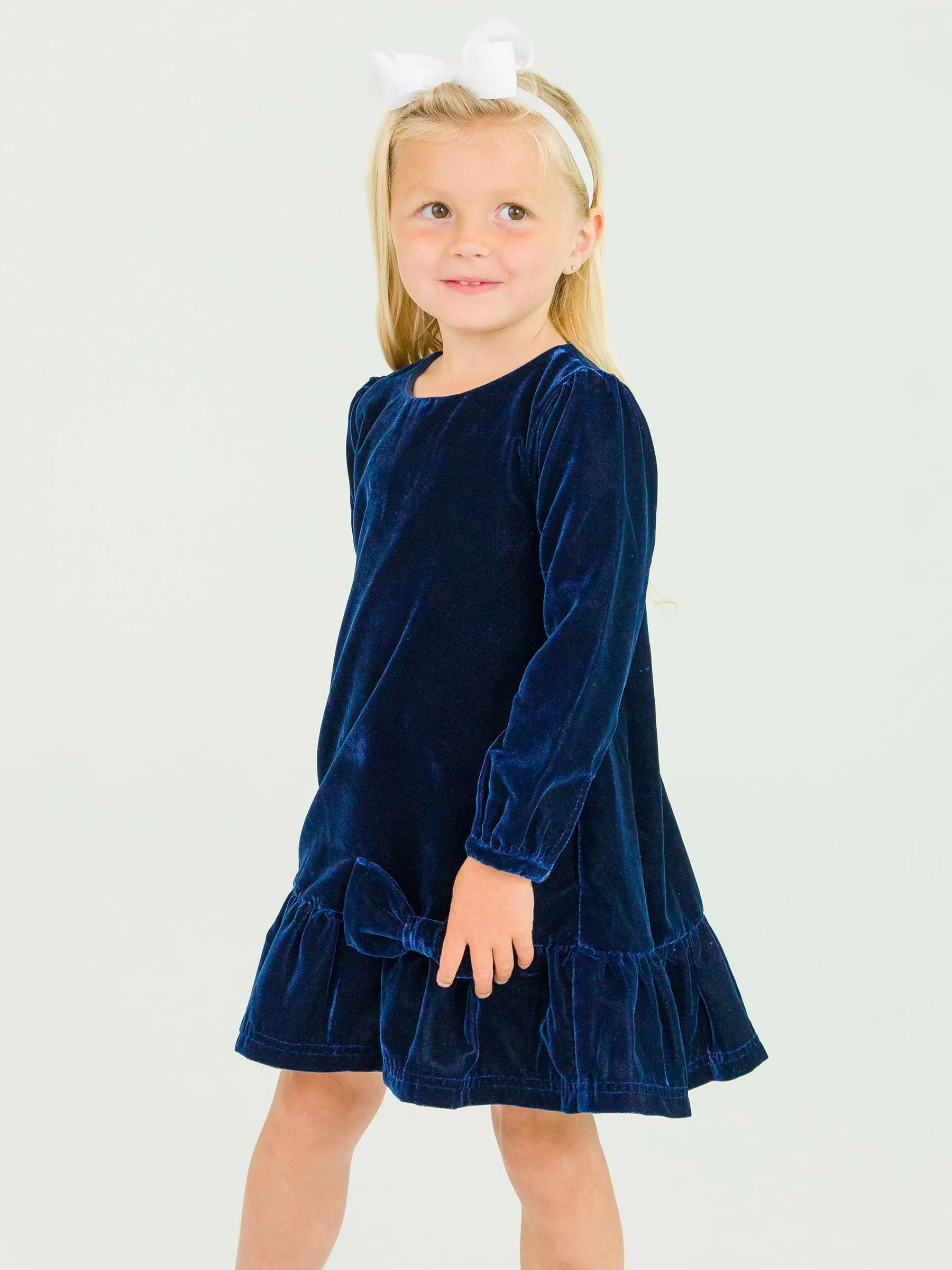 Girls Dark Navy Velvet Long Sleeve Drop Waist Dress