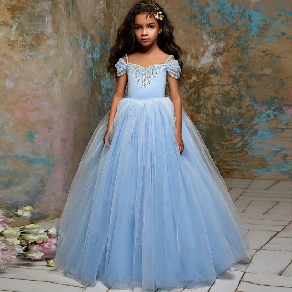Girls Tutu Prom Gowns Luxury Blue Wedding Birthday Party Princess Long Dress