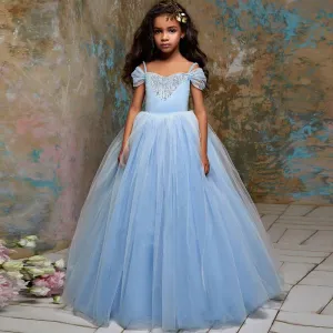 Girls Tutu Prom Gowns Luxury Blue Wedding Birthday Party Princess Long Dress