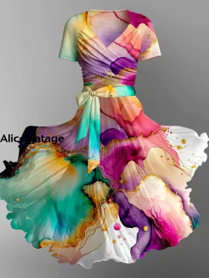 Gold Foil Tie-Dye Art Print Elegant Vintage Chic V-Neck Short Sleeve Midi Dress