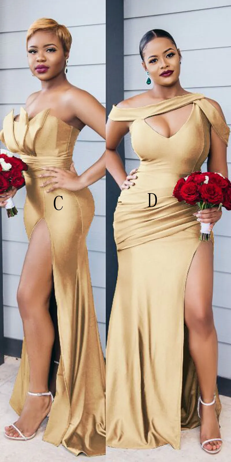 Gold Mismatched Mermaid Long Satin Bridesmaid Dresses, TYP0035