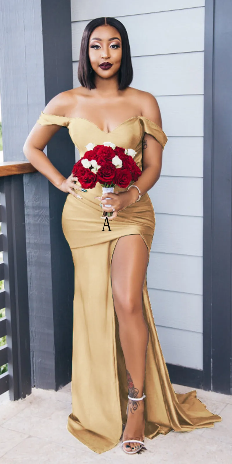 Gold Mismatched Mermaid Long Satin Bridesmaid Dresses, TYP0035