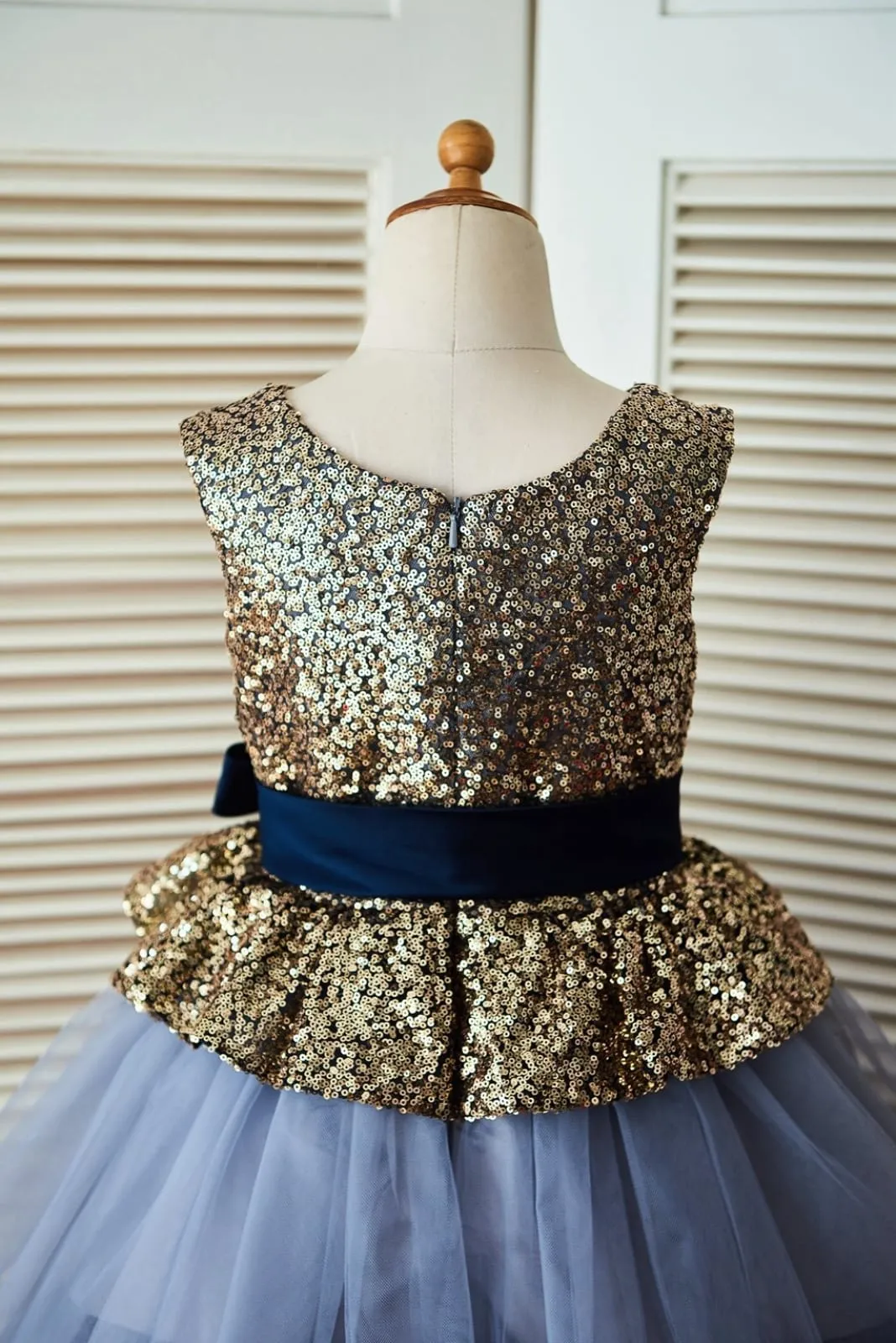 Gold Sequin Dusty Blue Cupcake Tulle Wedding Flower Girl Dress, Belt