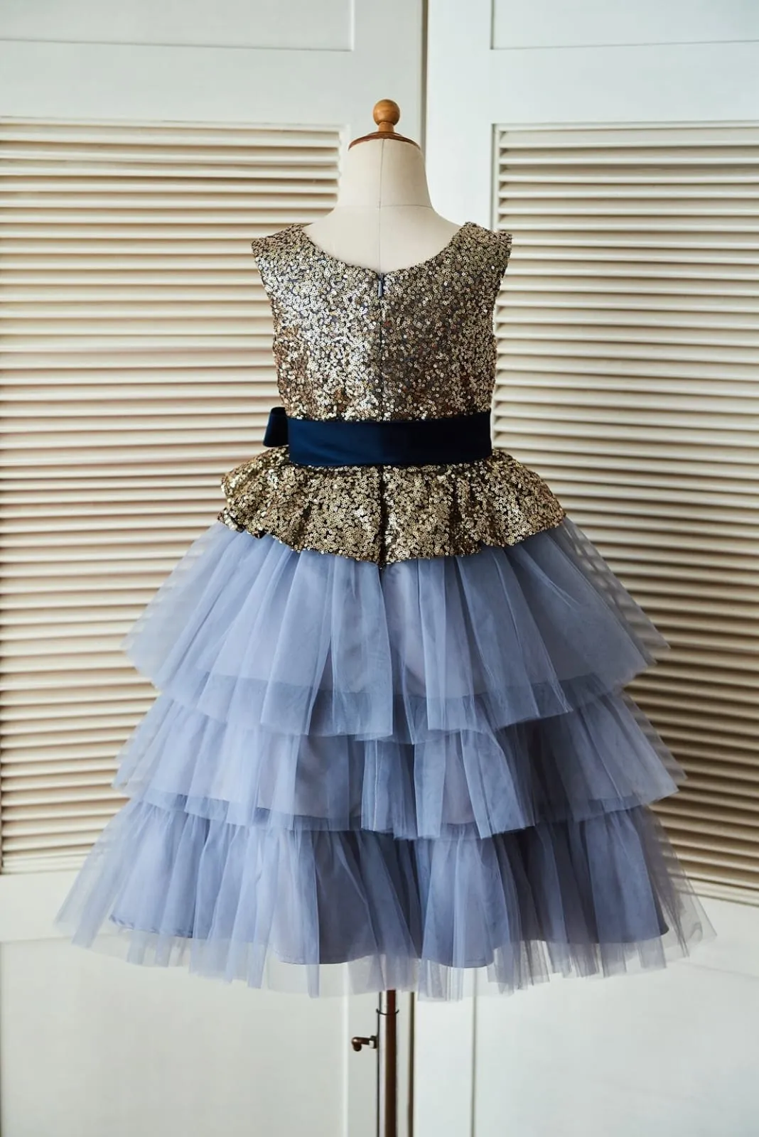 Gold Sequin Dusty Blue Cupcake Tulle Wedding Flower Girl Dress, Belt