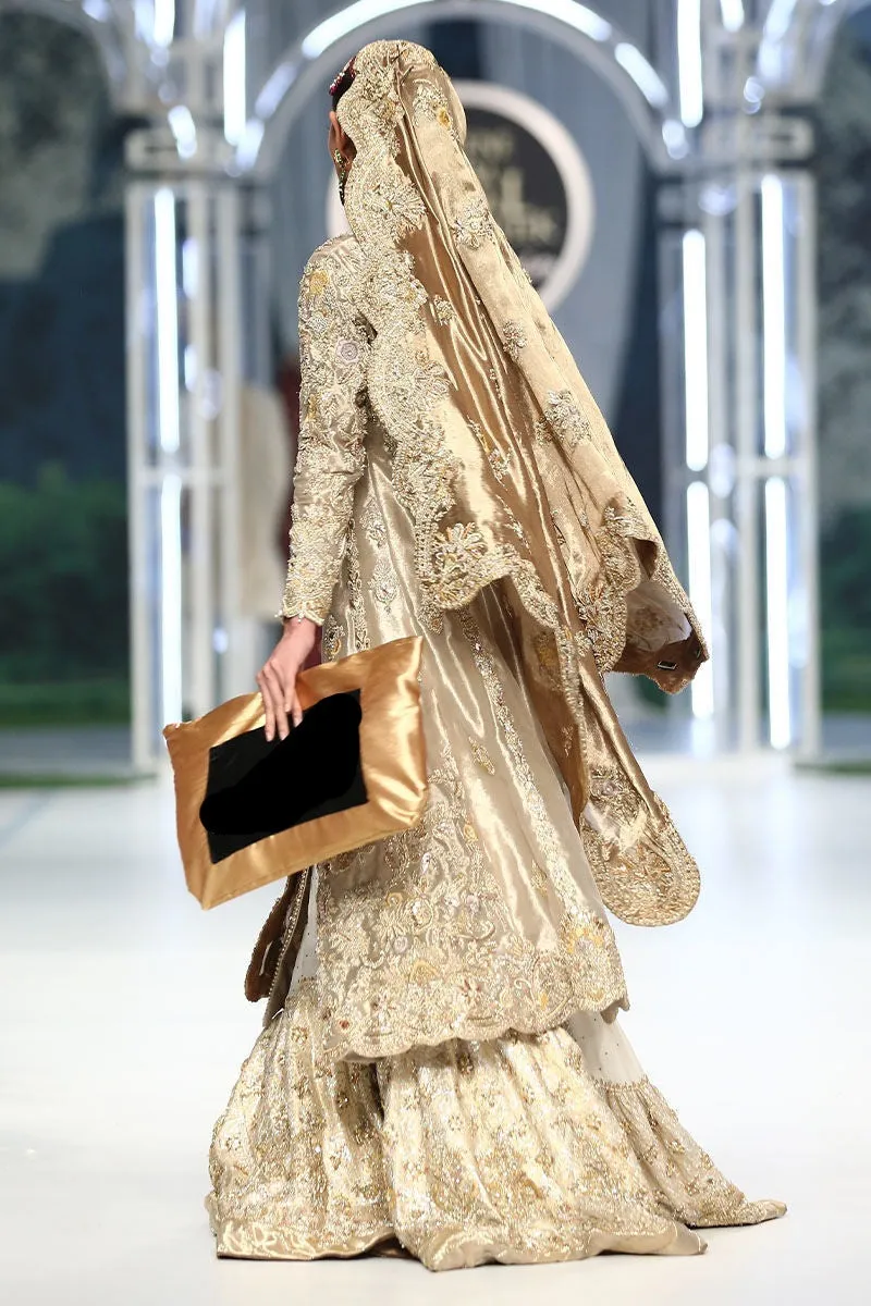 Golden Silk Lehenga Frock for Pakistani Bridal Dresses