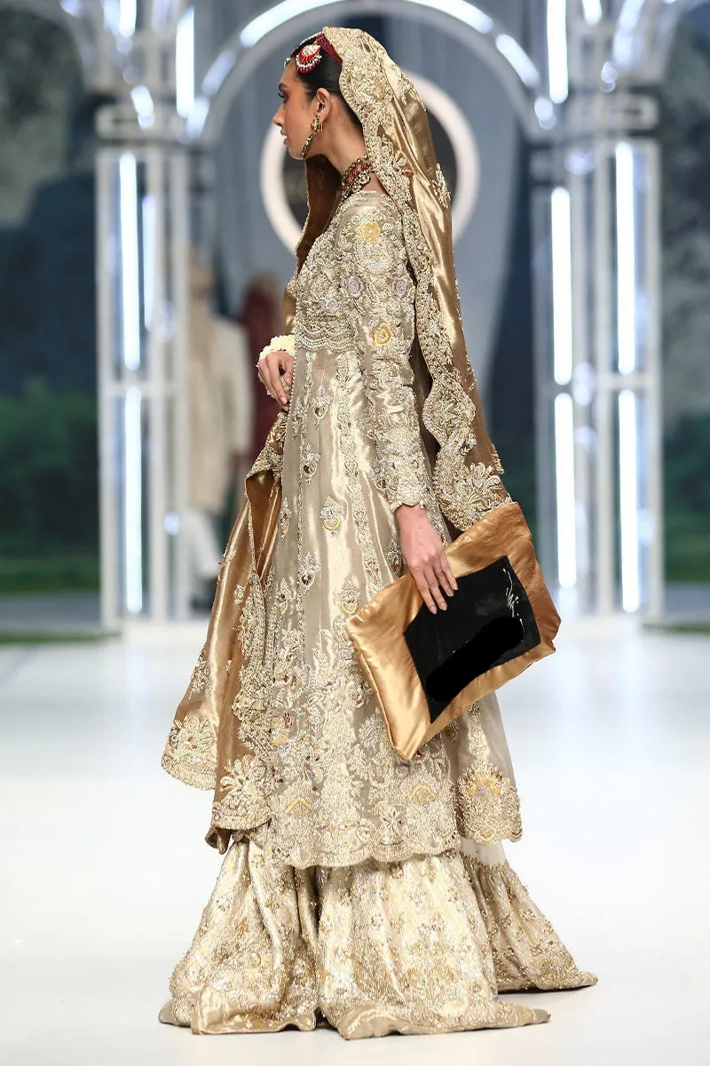 Golden Silk Lehenga Frock for Pakistani Bridal Dresses