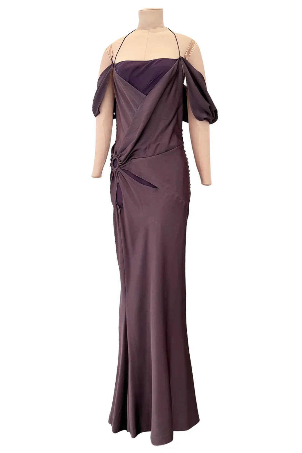 Gorgeous Fall 2003 John Galliano Bias Cut Deep Purple Silk Dress w Draped Arm Panels