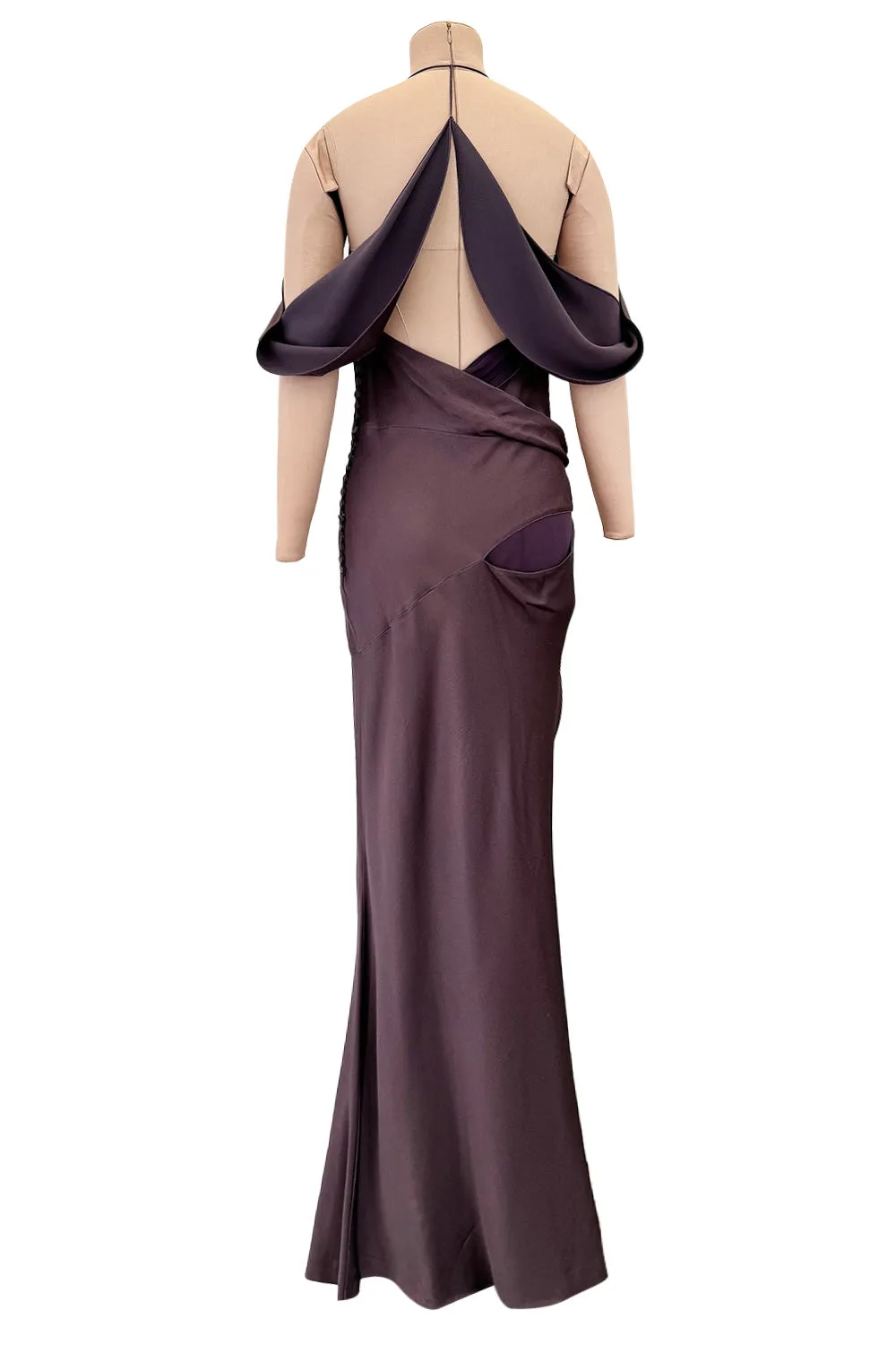 Gorgeous Fall 2003 John Galliano Bias Cut Deep Purple Silk Dress w Draped Arm Panels