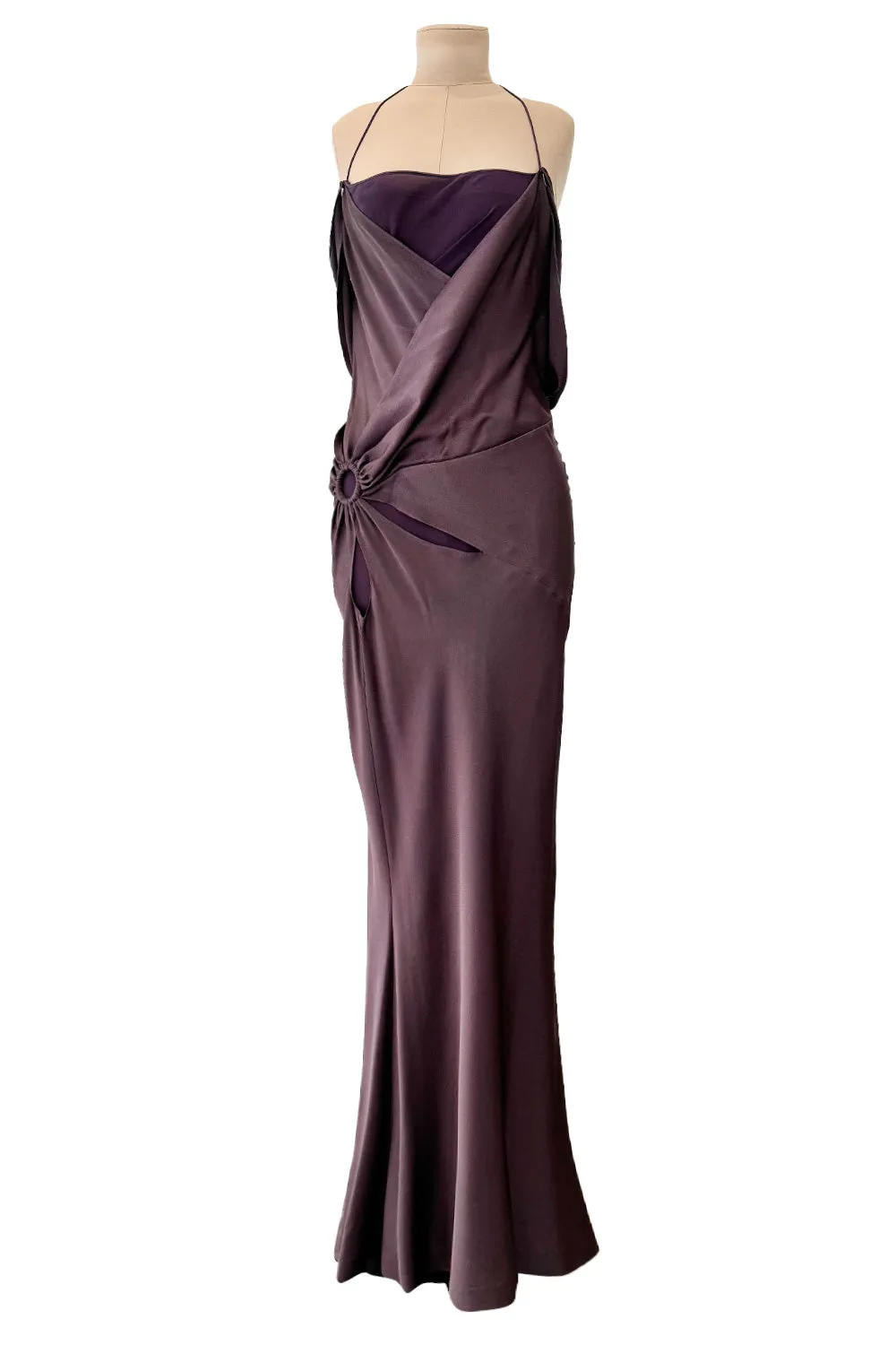 Gorgeous Fall 2003 John Galliano Bias Cut Deep Purple Silk Dress w Draped Arm Panels