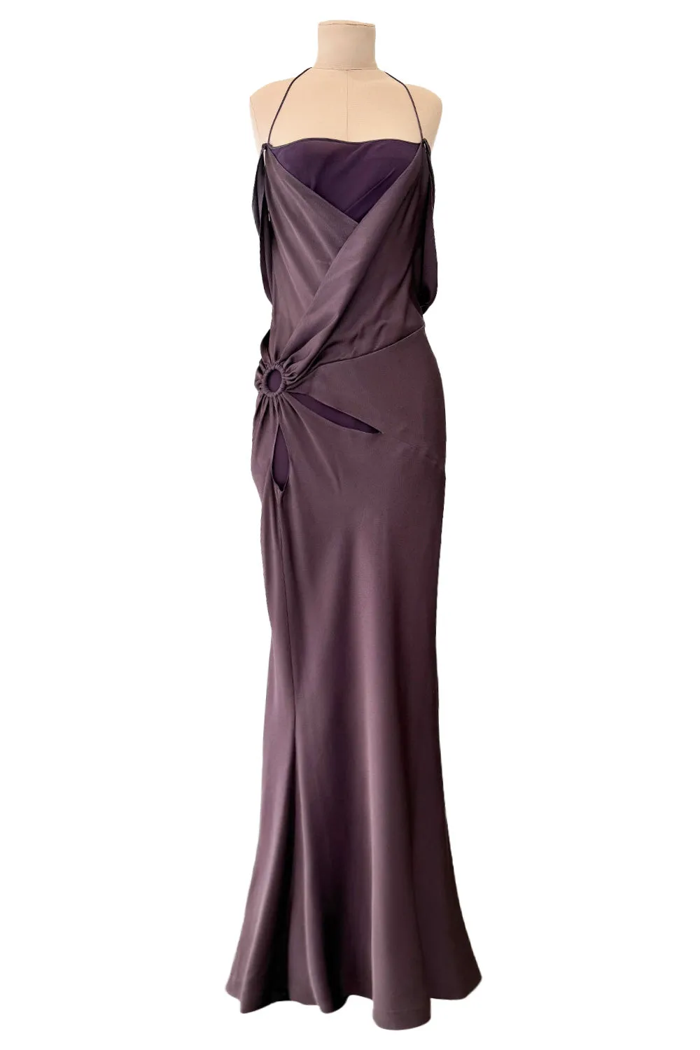 Gorgeous Fall 2003 John Galliano Bias Cut Deep Purple Silk Dress w Draped Arm Panels